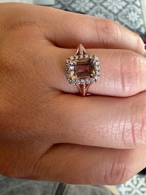 Rose Gold over 925 sterling Emerald-Cut Morganite Halo Ring with lab diamonds.